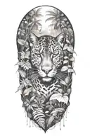 Panther hiding in a rainforest with rain falling and birds flying around and a bird in the panthers mouth tattoo design idea