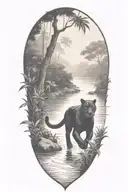 Black Panther running in a river at an angle surrounded by rainforest tattoo design idea