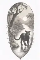 Black Panther running in a river at an angle surrounded by rainforest tattoo design idea