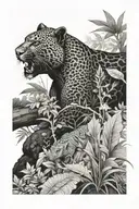 Panther and lizard hiding in a rainforest with a creek running freely tattoo design idea