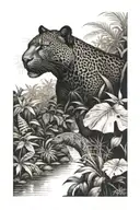 Panther and lizard hiding in a rainforest with a creek running freely tattoo design idea