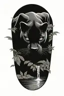 Black Panther swimming in a river at an angle surrounded by rainforest tattoo design idea