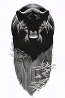 Black Panther swimming in a river at an angle surrounded by rainforest tattoo design idea