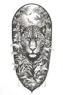 black Panther running in a rainforest with rain falling and birds flying around and a bird in the panthers mouth tattoo design idea