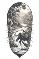 Black Panther running in a river at an angle surrounded by rainforest tattoo design idea