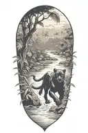 Black Panther running in a river at an angle surrounded by rainforest tattoo design idea
