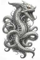 Kraken emerging from the depths surrounded by sharks tattoo design idea