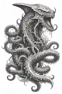 Kraken emerging from the depths surrounded by sharks tattoo design idea