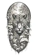 black Panther running at an angle in a rainforest with rain falling and birds flying around tattoo design idea