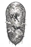 black Panther running at an angle in a rainforest with rain falling and birds flying around tattoo design idea