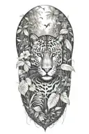 Panther hiding in a rainforest with rain falling and birds flying around and prey in the panthers mouth tattoo design idea