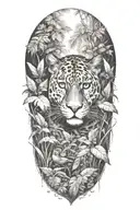 Panther hiding in a rainforest with rain falling and birds flying around and prey in the panthers mouth tattoo design idea