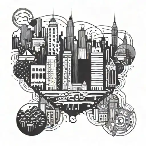 A city skyline with hidden party symbols intertwined, representing your love for urban exploration and partying tattoo design idea