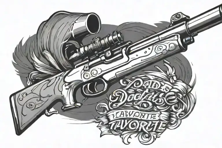 A minimalist sketch of a hunting rifle with the phrase 'Dad's favorite' underneath tattoo design idea