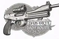 A minimalist sketch of a hunting rifle with the phrase 'Dad's favorite' underneath tattoo design idea