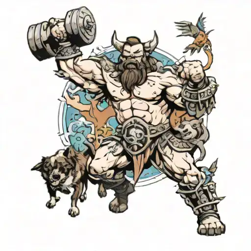 A dynamic tattoo of a warrior character from World of Warcraft engaged in a powerlifting competition, surrounded by dogs, cats, and birds cheering them on tattoo design idea