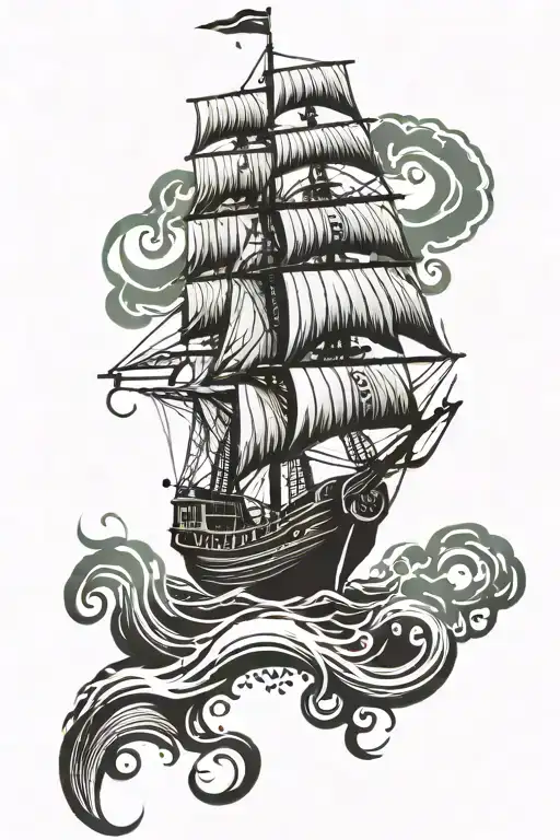 Tribal with a portuguese ship landing near an italian island with a small colliseium tattoo design idea