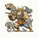 A dynamic tattoo of a warrior character from World of Warcraft engaged in a powerlifting competition, surrounded by dogs, cats, and birds cheering them on tattoo design idea