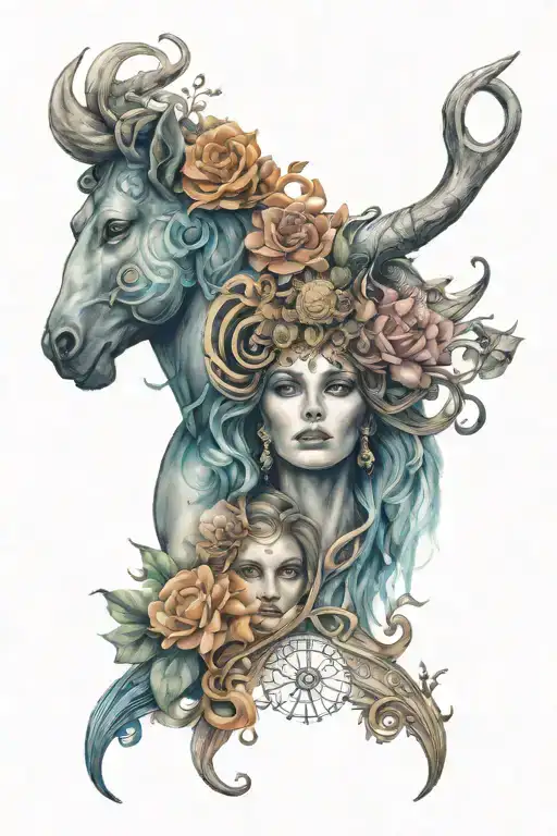 I want you to create a colorfull family tattoo that conains the following zodiac signs:  - Virgo - Libra - Cancer -  tattoo design idea