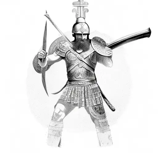 A Greek warrior kneeling, one leg bent, holding a sword planted into the ground tattoo design idea