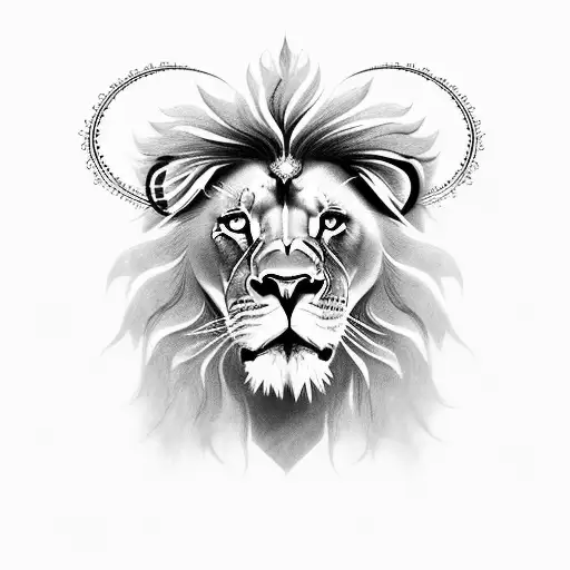 A powerful lion with a halo of flowers, representing the divine presence of Jesus Christ tattoo design idea