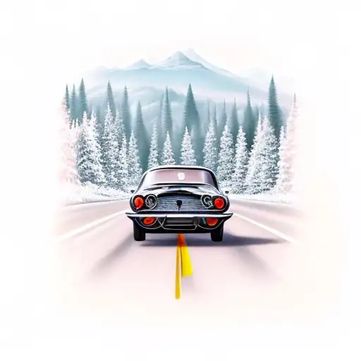car on road in the mountains tattoo design idea