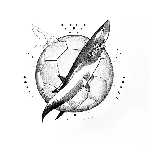 A fierce shark diving through a soccer ball tattoo design idea