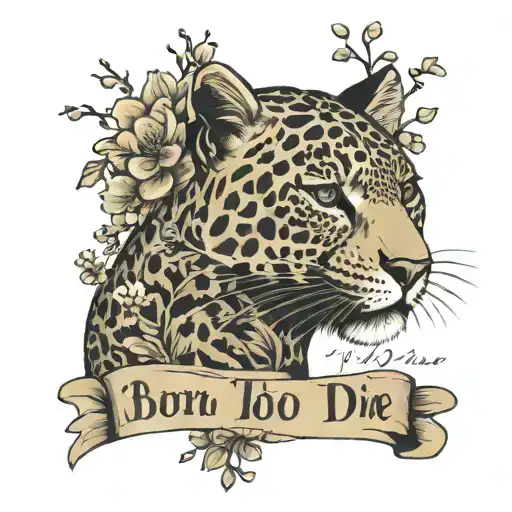 Born to die written in cursive font below a leopard stretching over small sakura flowers tattoo design idea