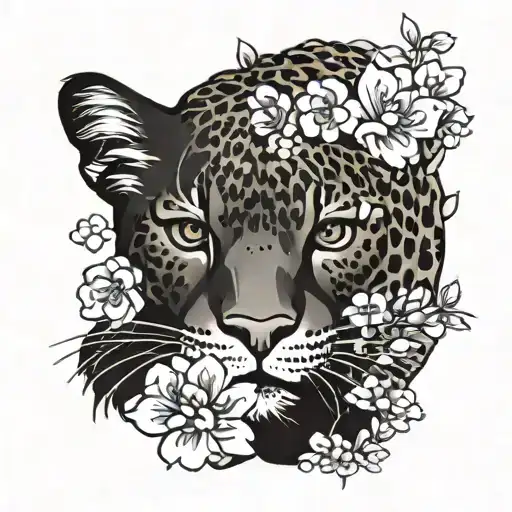 Born to die written in cursive font below a leopard stretching over small sakura flowers tattoo design idea