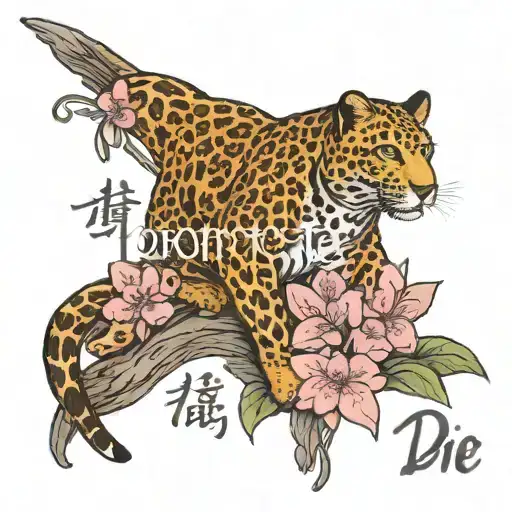 Born to die written in cursive font below a leopard stretching over small sakura flowers tattoo design idea