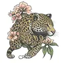 Born to die written in cursive font below a leopard stretching over small sakura flowers tattoo design idea