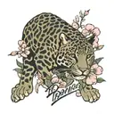 Born to die written in cursive font below a leopard stretching over small sakura flowers tattoo design idea
