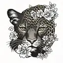 Born to die written in cursive font below a leopard stretching over small sakura flowers tattoo design idea
