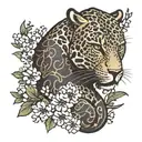 Born to die written in cursive font below a leopard stretching over small sakura flowers tattoo design idea