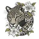 Born to die written in cursive font below a leopard stretching over small sakura flowers tattoo design idea