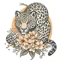 Born to die written in cursive font below a leopard stretching over small sakura flowers tattoo design idea