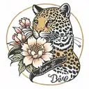 Born to die written in cursive font below a leopard stretching over small sakura flowers tattoo design idea