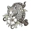 Born to die written in cursive font below a leopard stretching over small sakura flowers tattoo design idea