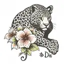 Born to die written in cursive font below a leopard stretching over small sakura flowers tattoo design idea