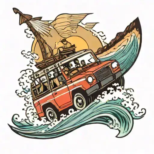 A Jeep driving through a wave with a canoe on top tattoo design idea