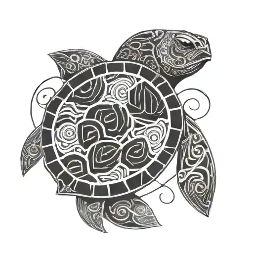 hawaiian turtle with yin yang waves crashing in the background tattoo design idea