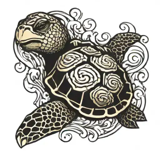 hawaiian turtle with yin yang waves crashing in the background tattoo design idea