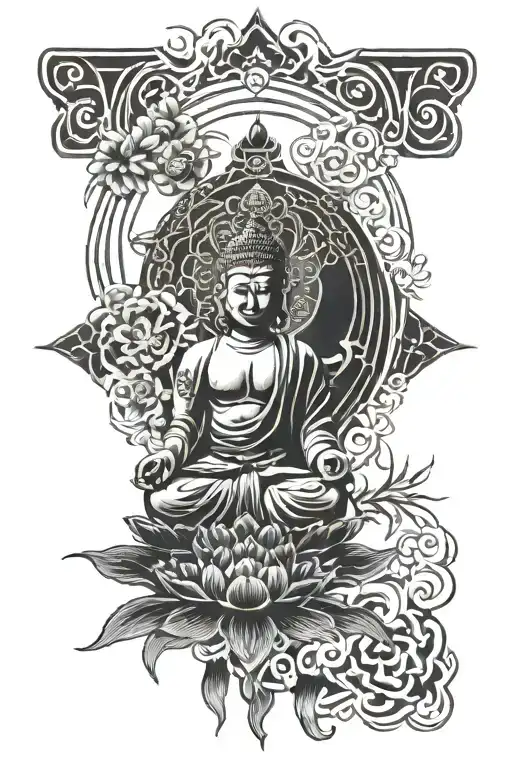 nepalese styles/pattern  with japanese text buddha symbols tattoo design idea