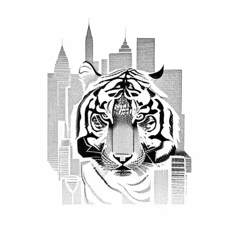 A futuristic cityscape with a tiger roaming the streets tattoo design idea
