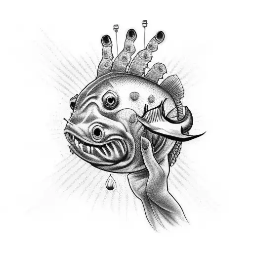 half sleeve from the top of hand to middle of the forearm featuring an angler fish on the hand, and more sealife  tattoo design idea