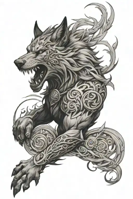 jormungander sleeve tattoo with Fenrir tattoo design idea