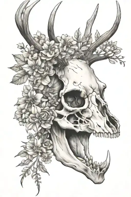 deer skull with wild flowers growing tattoo design idea