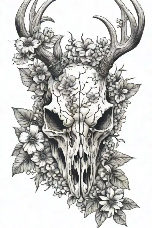 deer skull with wild flowers tattoo design idea