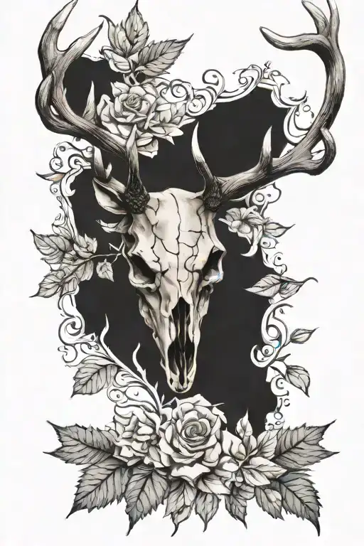deer skull with leaves tattoo design idea