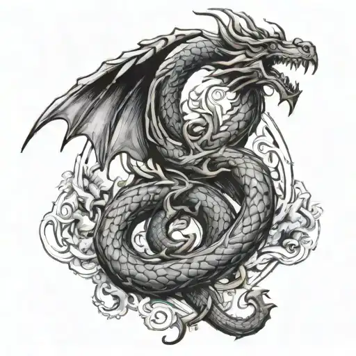 A traditional tattoo design featuring a mythical European dragon intertwined with historical symbols tattoo design idea